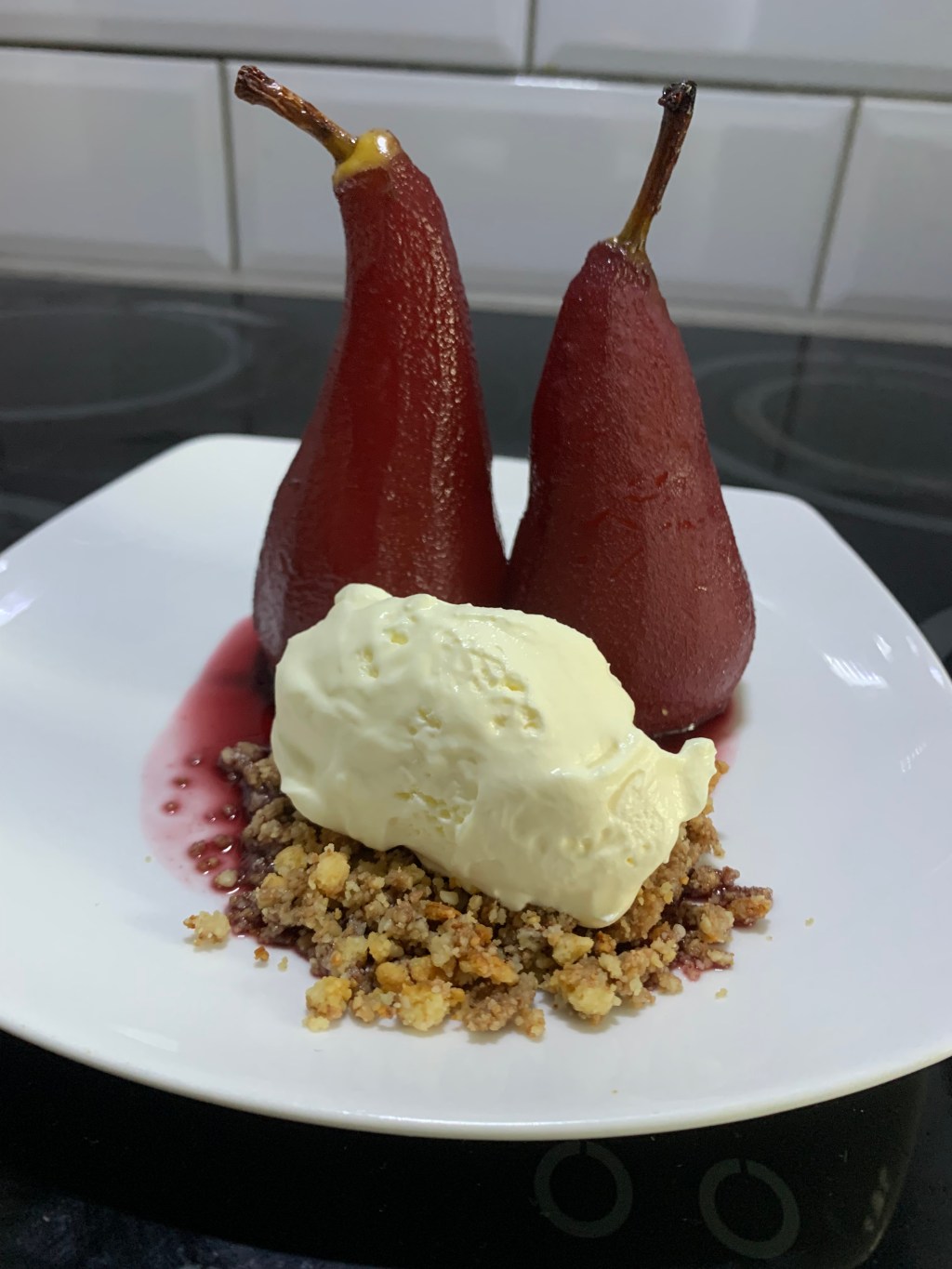 Red Wine Poached Pears with Ice Cream and a Biscuit&nbsp;Crumb